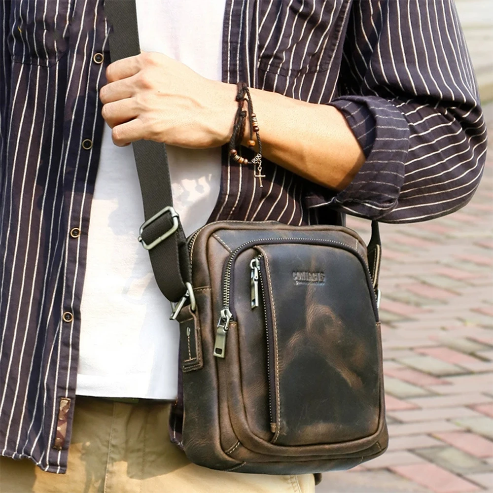 

Retro Crazy Horse Leather Men's Crossbody Bag, Genuine Leather Shoulder Wallet, Multi functional Storage Coin Bag