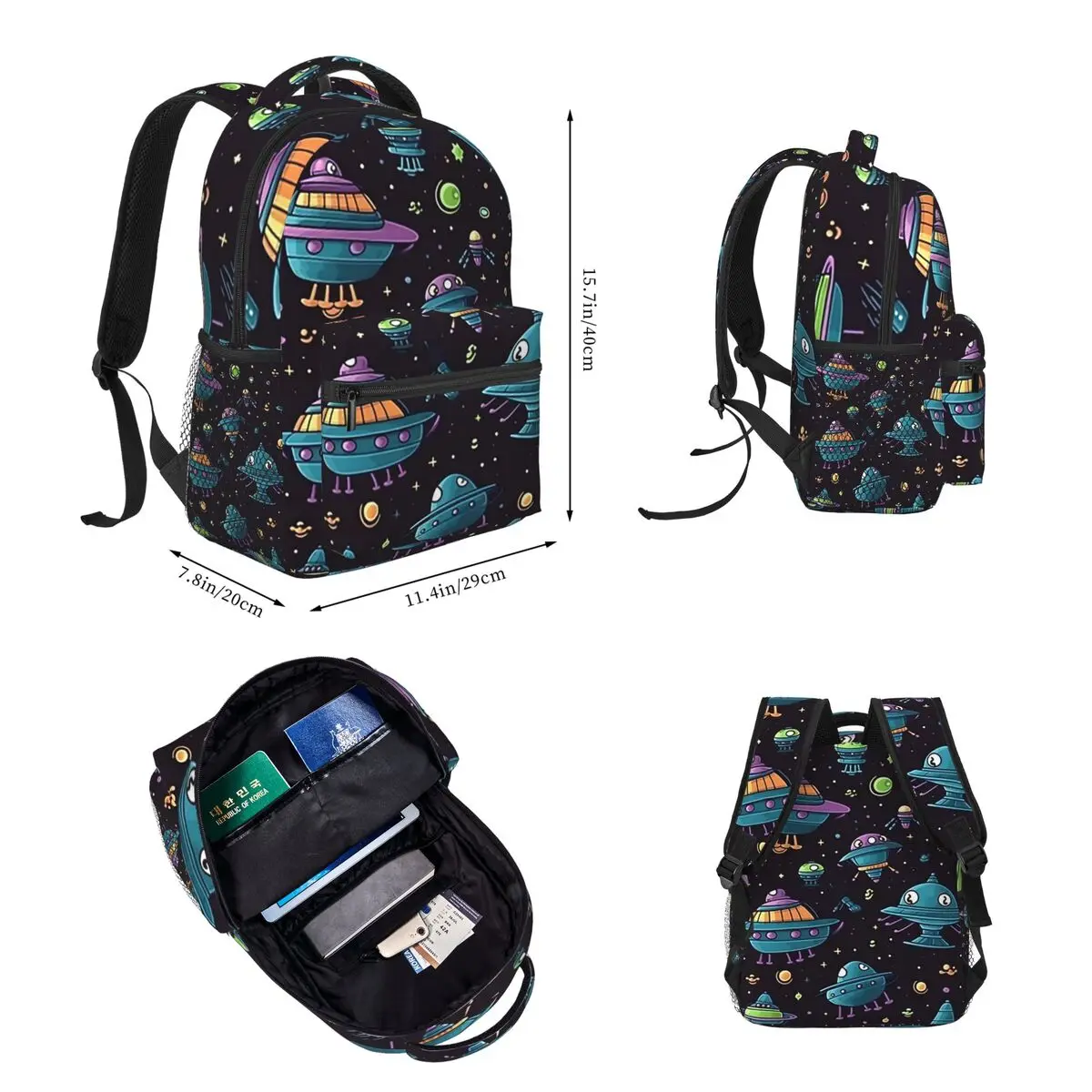 Cute Intergalactic Space UFO Backpacks Boys Bookbag Students School Bags Cartoon Kids Rucksack Lunch Bag Pen Bag Three-Piece Set