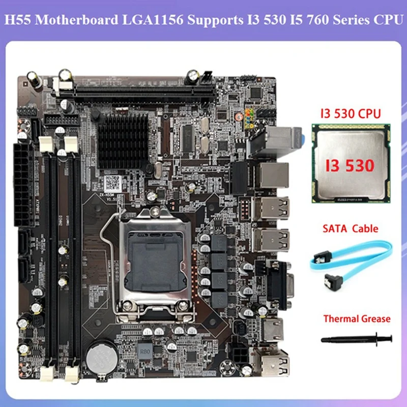 Placa base H55 LGA1156 compatible con CPU serie I3 530 I5 760, placa base de memoria DDR3 + CPU I3 530 + Cable SATA + grasa térmica