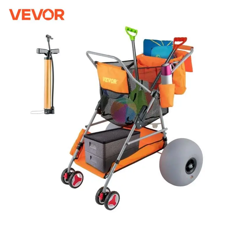 VEVOR Folding Wagon Cart Orange/Blue Portable Outdoor Camping Beach Multifunction Adjustable Handle for Picnic Bbq Trolley