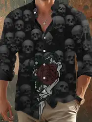 2024 Halloween Men's Retro Dark Skull Prints Long Sleeve Shirt-Skull Prints Black Tops Regular Fit,Lapel Collar, Polyester Blend