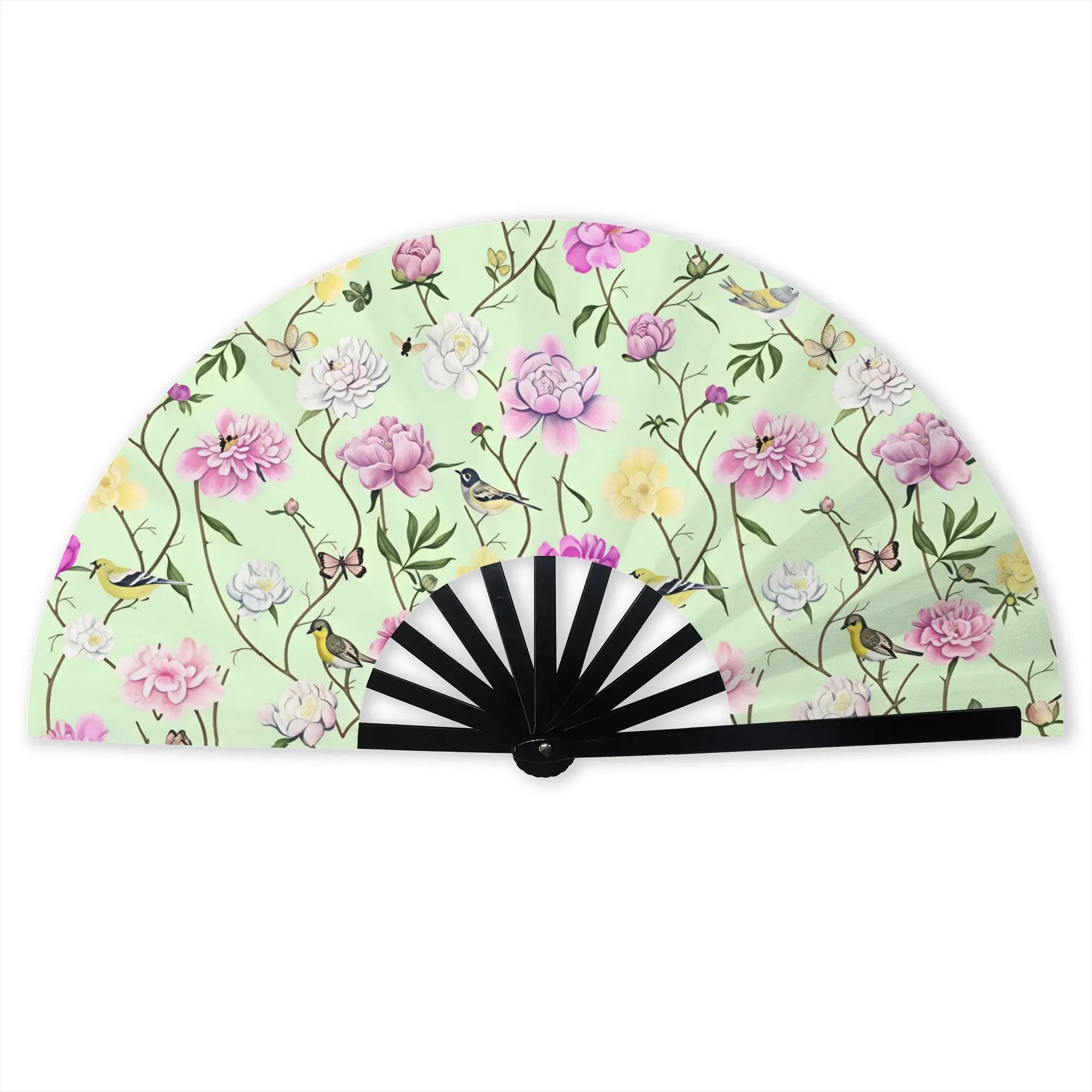 Bird Peony Chinoiserie on Pale Green Folding Hand Fan  Polyester Fabric Fan Cool Summer Accessory Decorative Fans