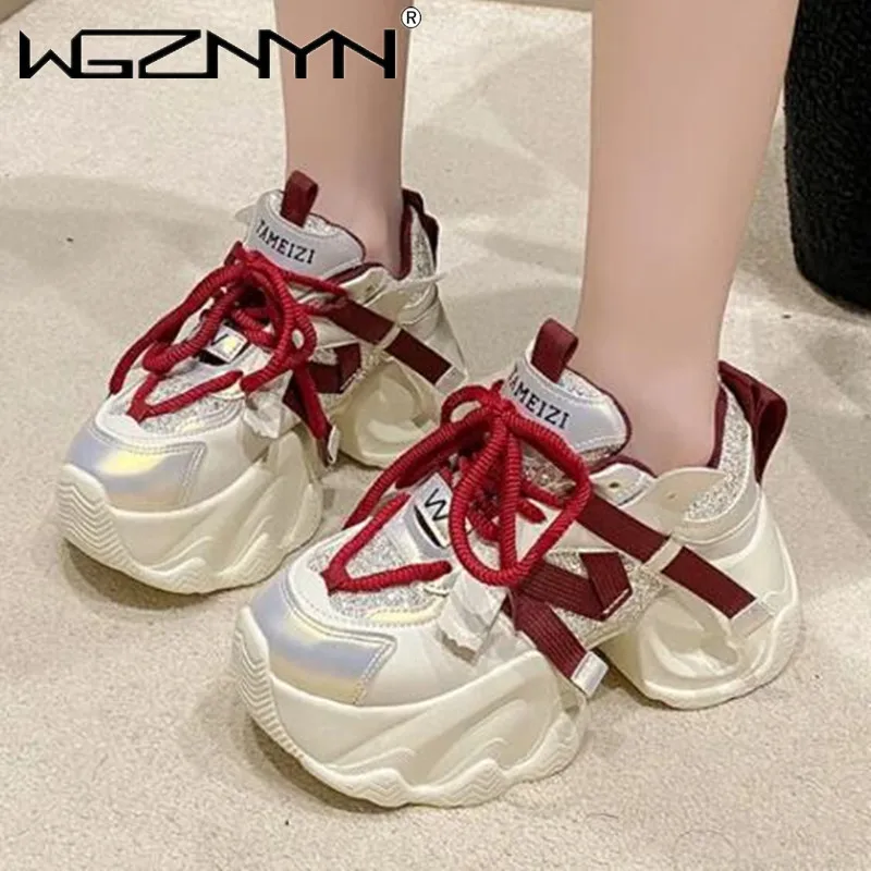 2025 Women Autumn Spring Chunky Sneakers Thick Bottom Leather High Platform Vulcanize Shoe Bling Casual Sports Dad Shoes 6.5CM