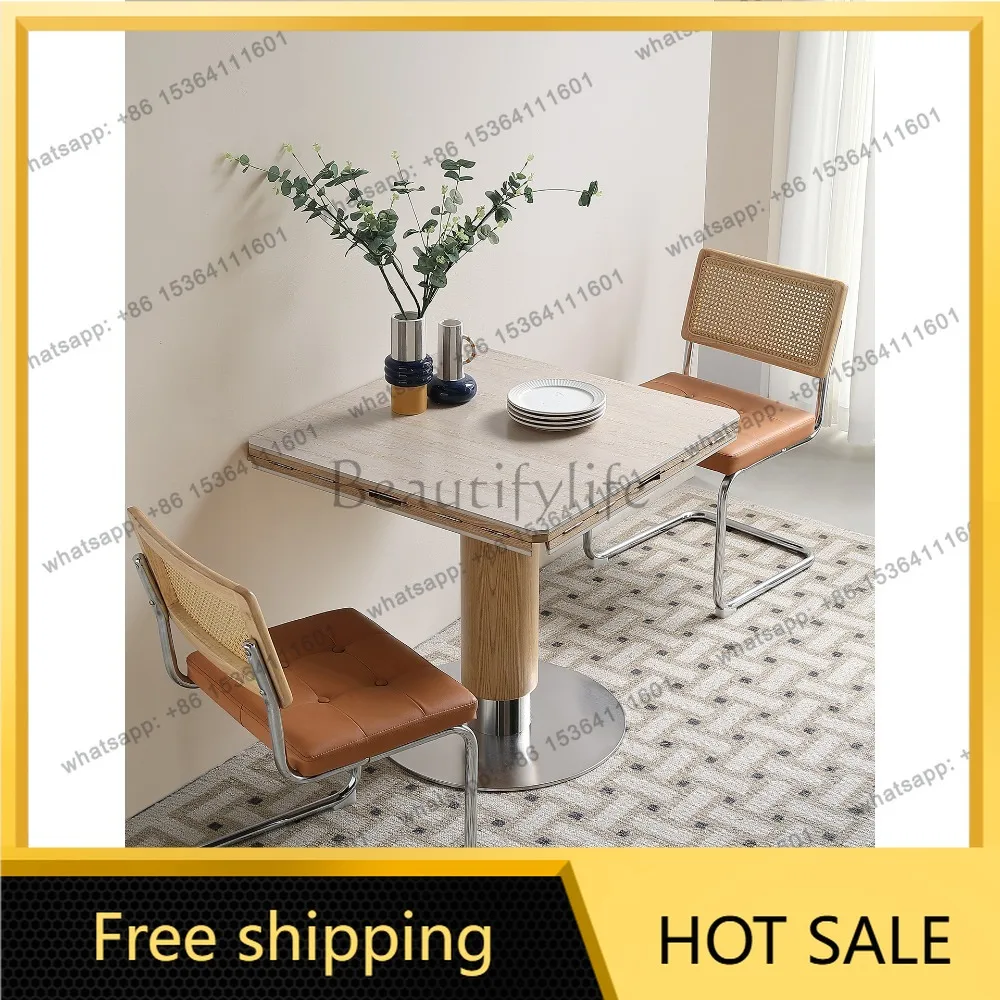 LD French retro cream wind solid wood travertine rock slab dining table retractable folding dual-purpose dining table