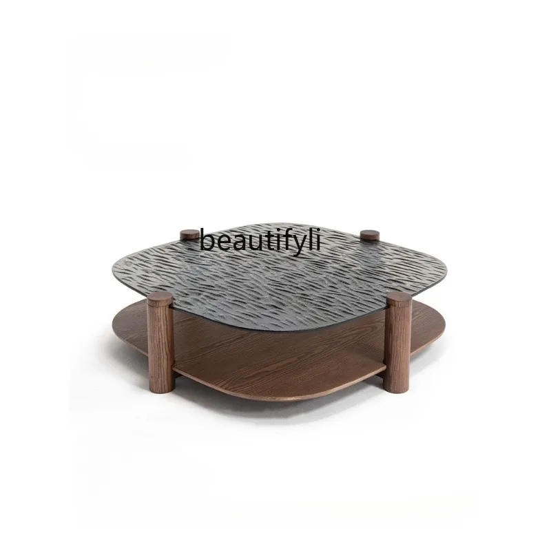 

Italian Minimalist Glass Coffee Table for Living Room, Solid Wood Tea Table for Small Apartments