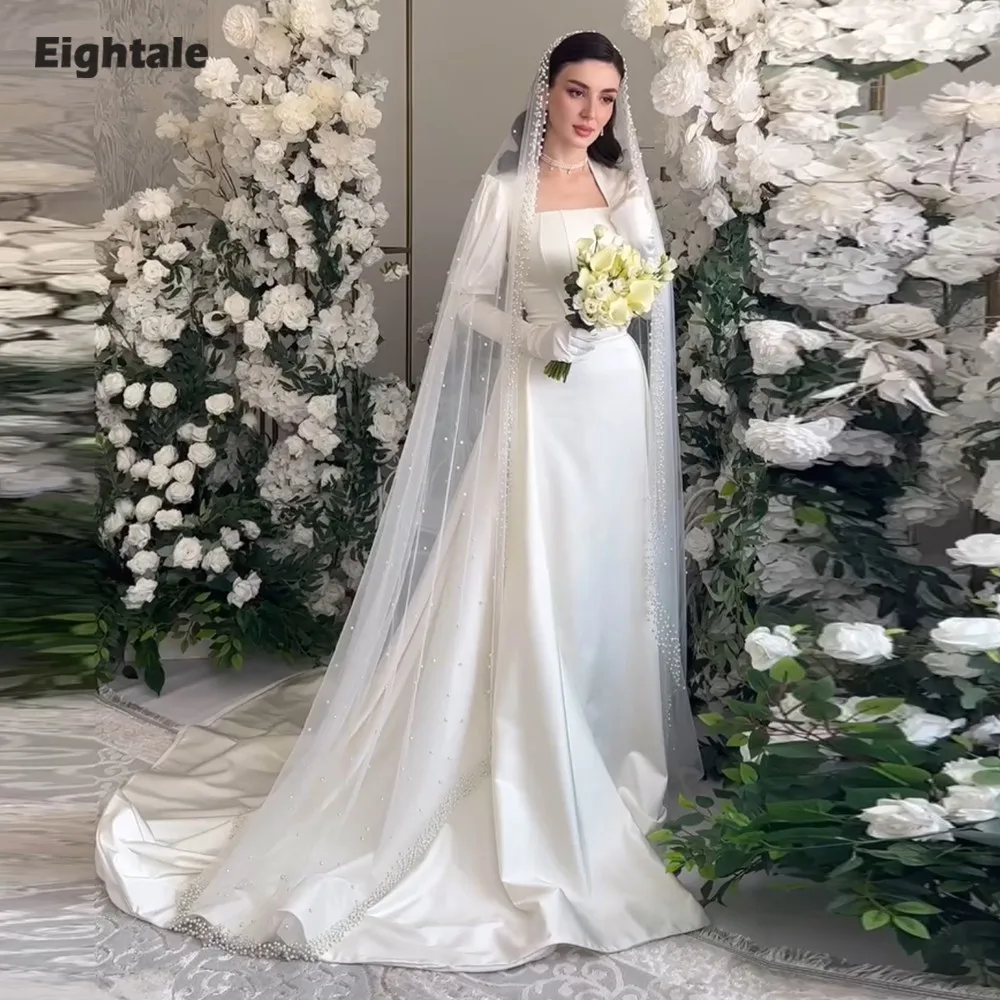 

Eightale Arabic Wedding Dresses Strapless Customized Short Sleeve Mermaid Satin Sweep Train Bridal Gowns Vestidos De Novia