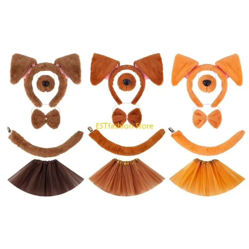 

Y5GC 1/4/5 Pcs Dog Costumes Set Dog Ears Headband Dog Tail Tutu Skirt Bowtie for Kids