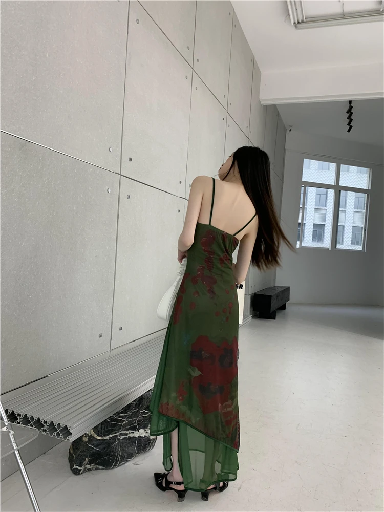 Yedinas Fairycore Spaghetti Strap Summer Dress Women Patchwork Mesh Green Vintage senza maniche Vestidos Long Maxi Party Dress Y2k