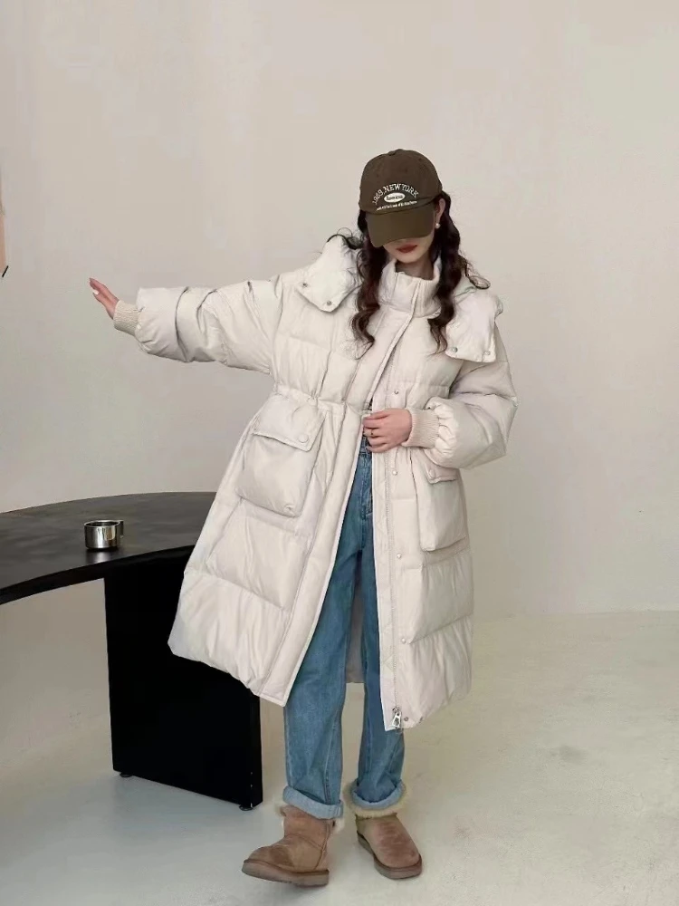

Winter New Long Down Jacket Women White Duck Down Hickened Warm Hooded Puffer Jacket Waist Drawstring Thin Winter Coat Women