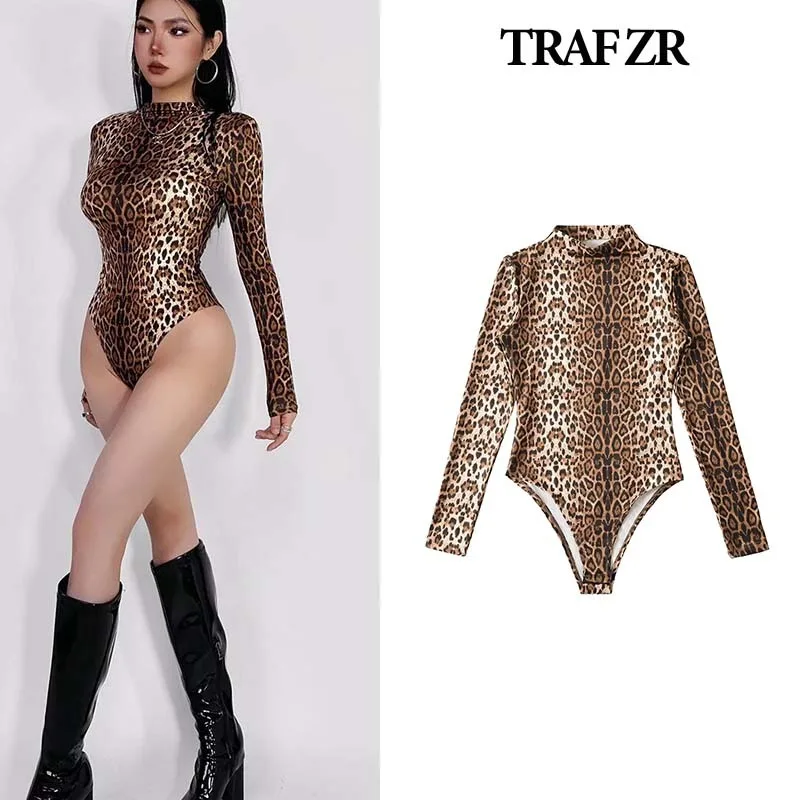 TRAF ZR Rompers for Adult Autumn New Products Leopard Print Sexy Romper Ladies Fashion Vintage Playsuits Long Sleeve Rompers