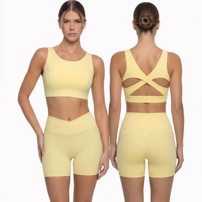 

Women Solid Color Gym Suit Two Pieces Fitness Yoga Set Slim Fit Sports Shorts Cycling Gym Running Sportswear Workout Clothes