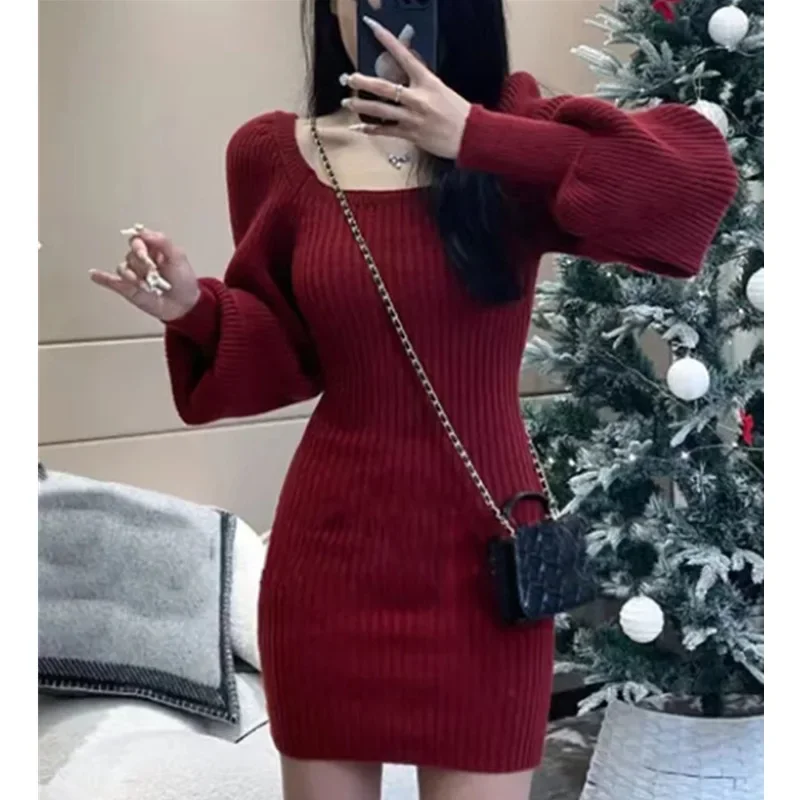 2024 Autumn Winter New Style Pure Desire Style socialite wealthy heiress solid color knitted dress