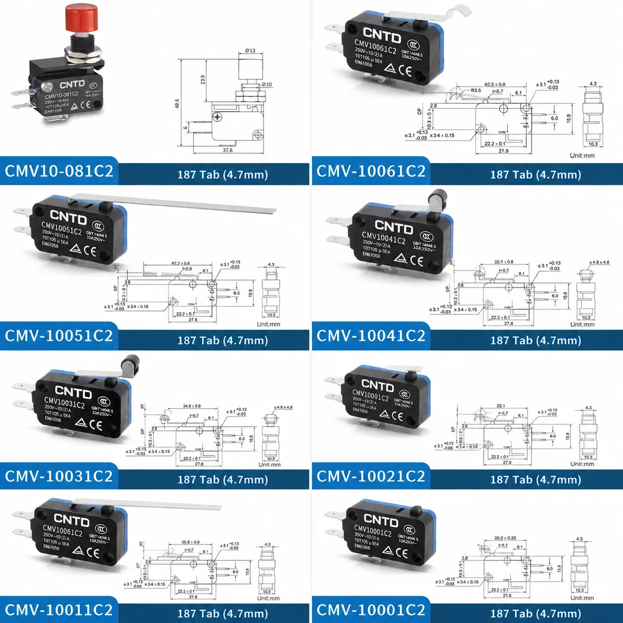 CNTD  Micro Switch CMV10041C2 CMV100D CMV10 Series  With Long Handle  And Roller NO NC SmallLimit Travel Switch 10ASelf-Rese