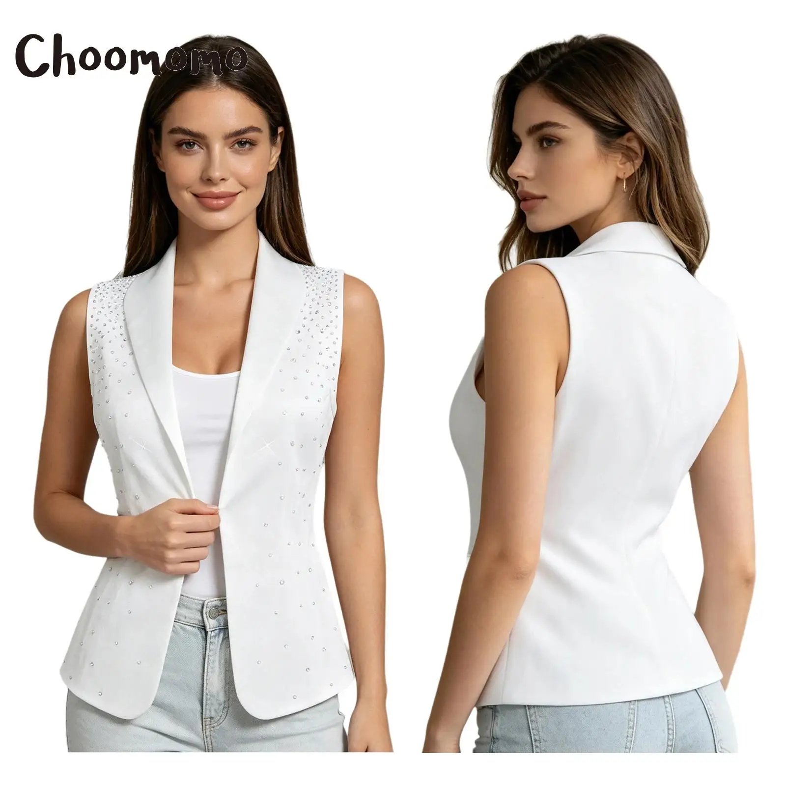 

Women Glitter Rhinestones Blazer Waistcoat Sleeveless Open Front Fully Lining Vest Tank Top Trendy Casual Office Cocktails Top