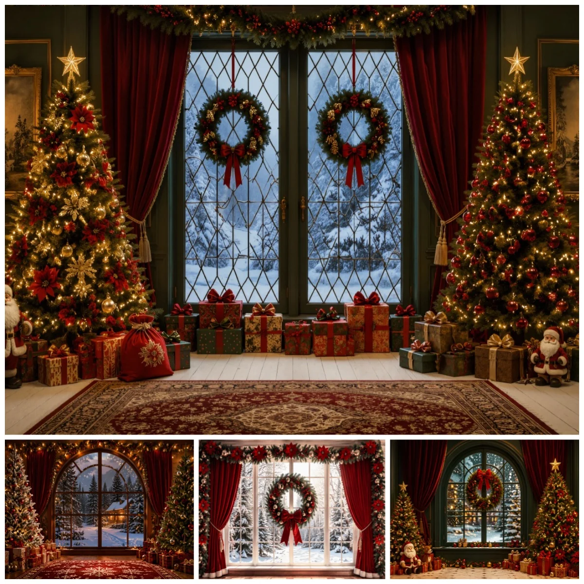 Yeele Luxury Christmas Window Photography  Backdrop Red Curtains Trees Gifts Kids Family Portrait Decor Background Photo Studio