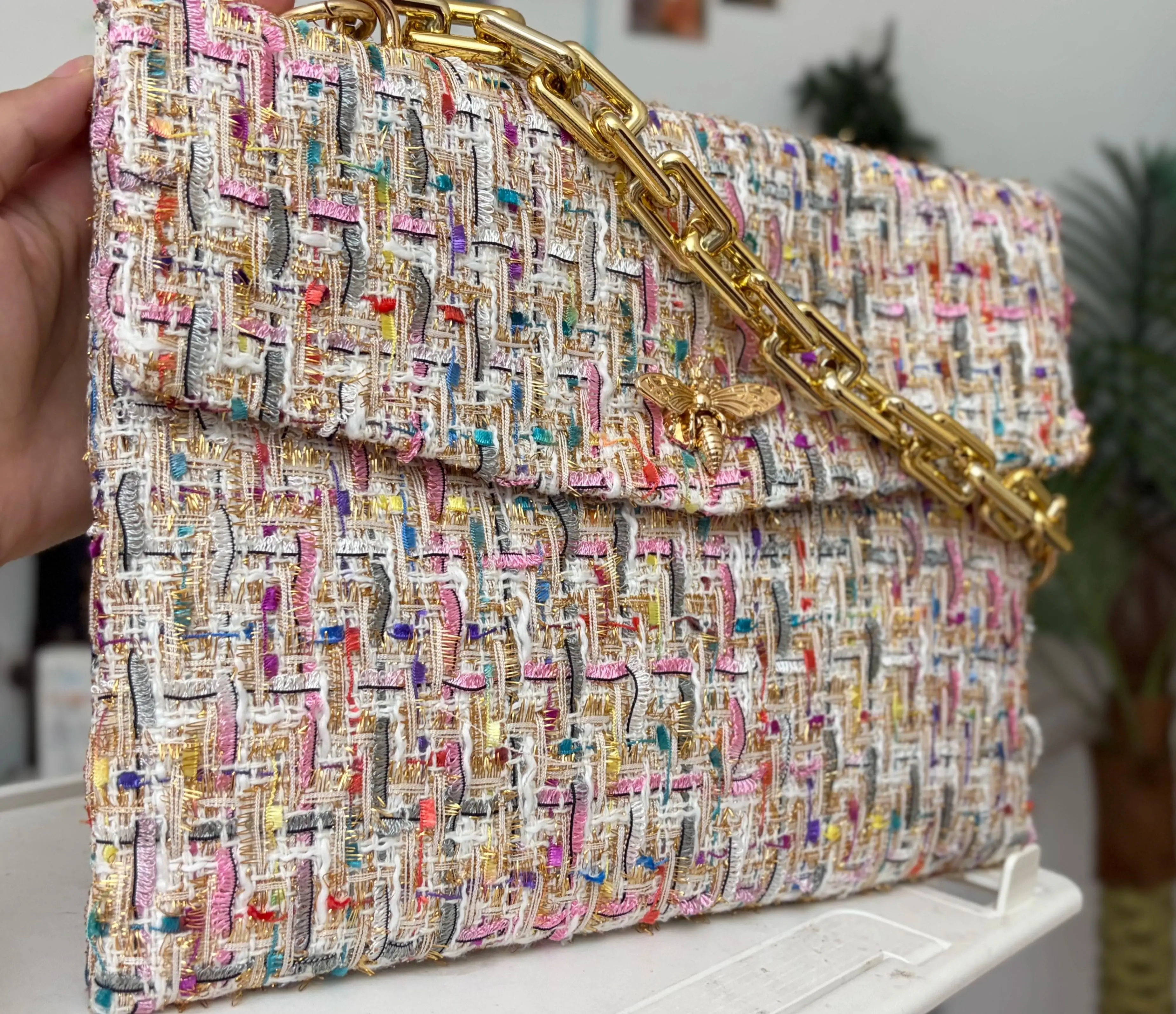 Lost in Vintage Envelope Wool Knit Purse 31x21cm Decorative Animal Mouth Gold with Golden Chain Bags Evening Clutch