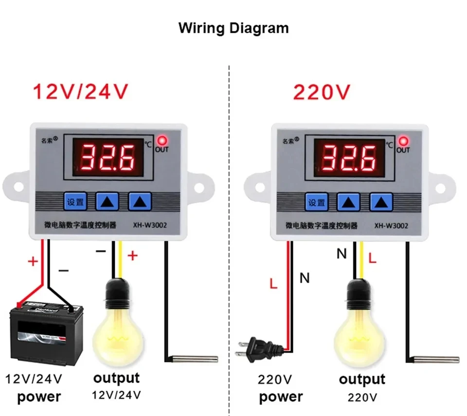 NEW XH-W3002 12V 24V 220V Digital LED Temperature Controller 10A Thermostat Control Switch Probe With Waterproof Sensor W3002