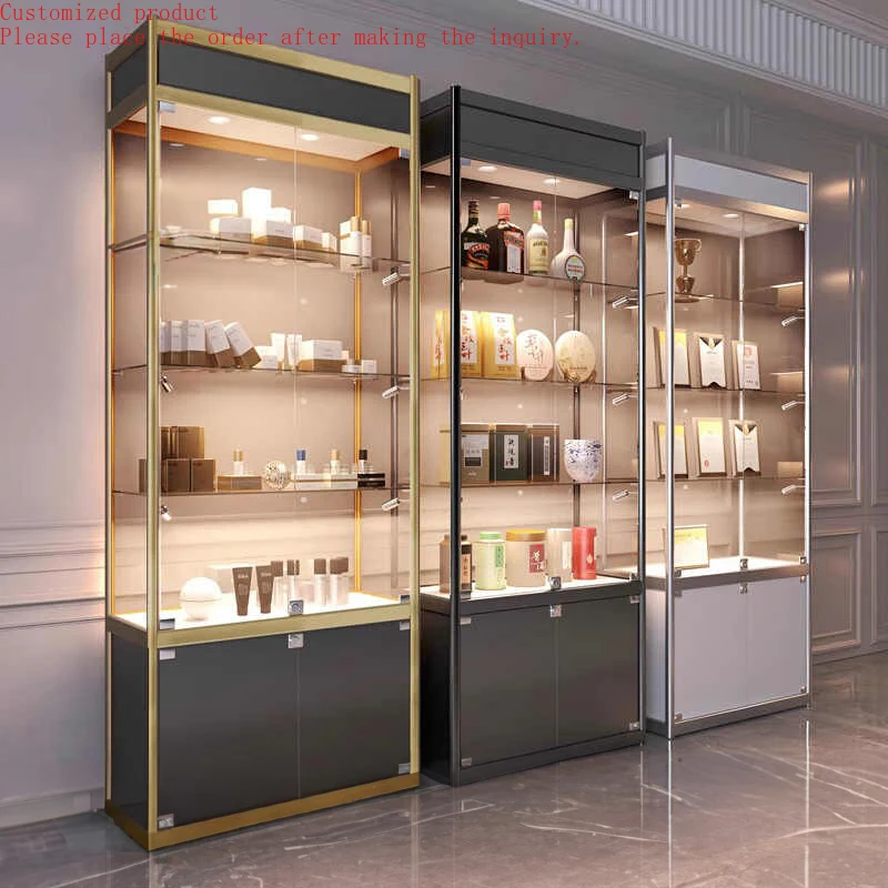

Custom.Custom Showroom Glass Display Case Black Smoke Shop Showcase Counter Led Light Pharmacy Shop Display Cabinet with LED Li