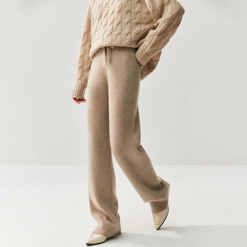Pantalones rectos de Cachemira 100% para mujer, pantalones de cintura elástica de estilo Simple, pantalones con cordones suaves y cálidos de Cachemira para otoño e invierno
