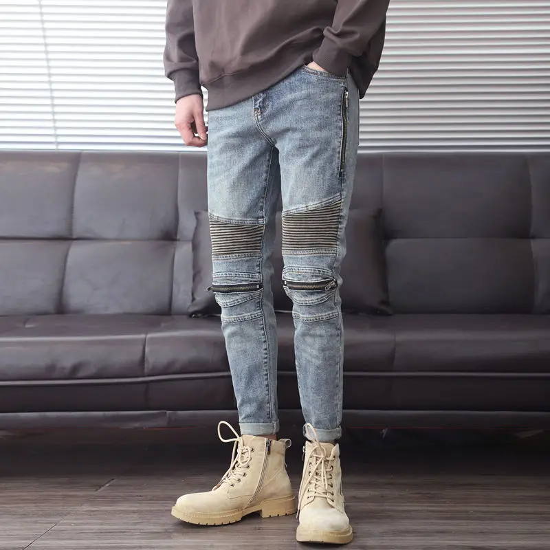 

Men's denim cropped pants new autumn splicing slim feet trend high street versatile trousers skinny jeans men men clothing