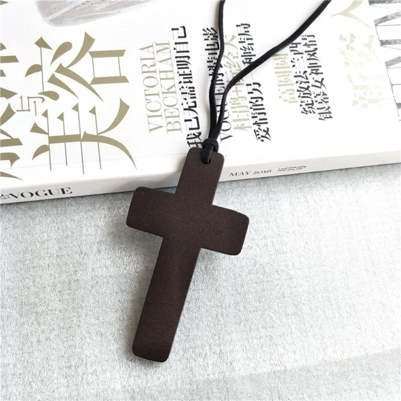 Vintage for Cross Crucifix Jesus Christ Necklace Plain Wooden Pendant Black Rope Bethlehem Jerusalem Holy Land Christian