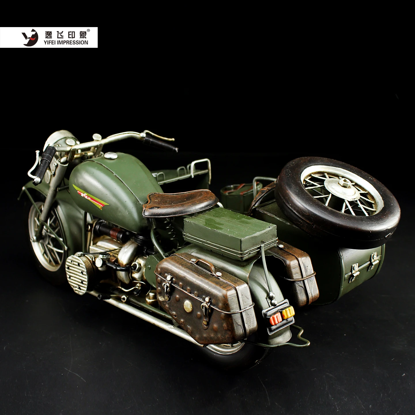 Handmade Iron Art CJ750 Motorcycle Model with Sidecar - Retro Military Green Vintage Desk Ornament Home Decor for Collectors - view 6