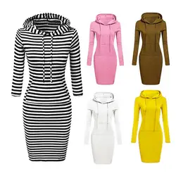 Ladies Sweatshirt Dress Autumn Women Hooded Dresses Drawstring Front Pocket Waist Tight Sweatshirt Dress lady Hoodie Midi Dress