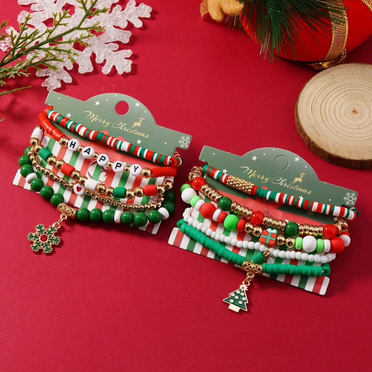 5pcs New Trendy Polymer Clay Acrylic Beads Handmade Beaded Snowflake Charm Elasticity Bracelet For Women Christmas Jewelry