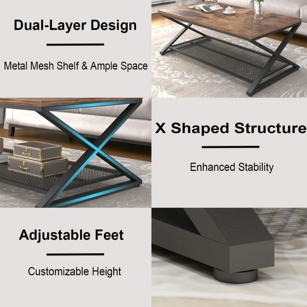 طاولة قهوة ريفية مع مساحة تخزين، طاولة غرفة معيشة مركزية من الخشب الصناعي مكونة من طبقتين مع رف شبكي، بيت المزرعة خشبي منخفض R