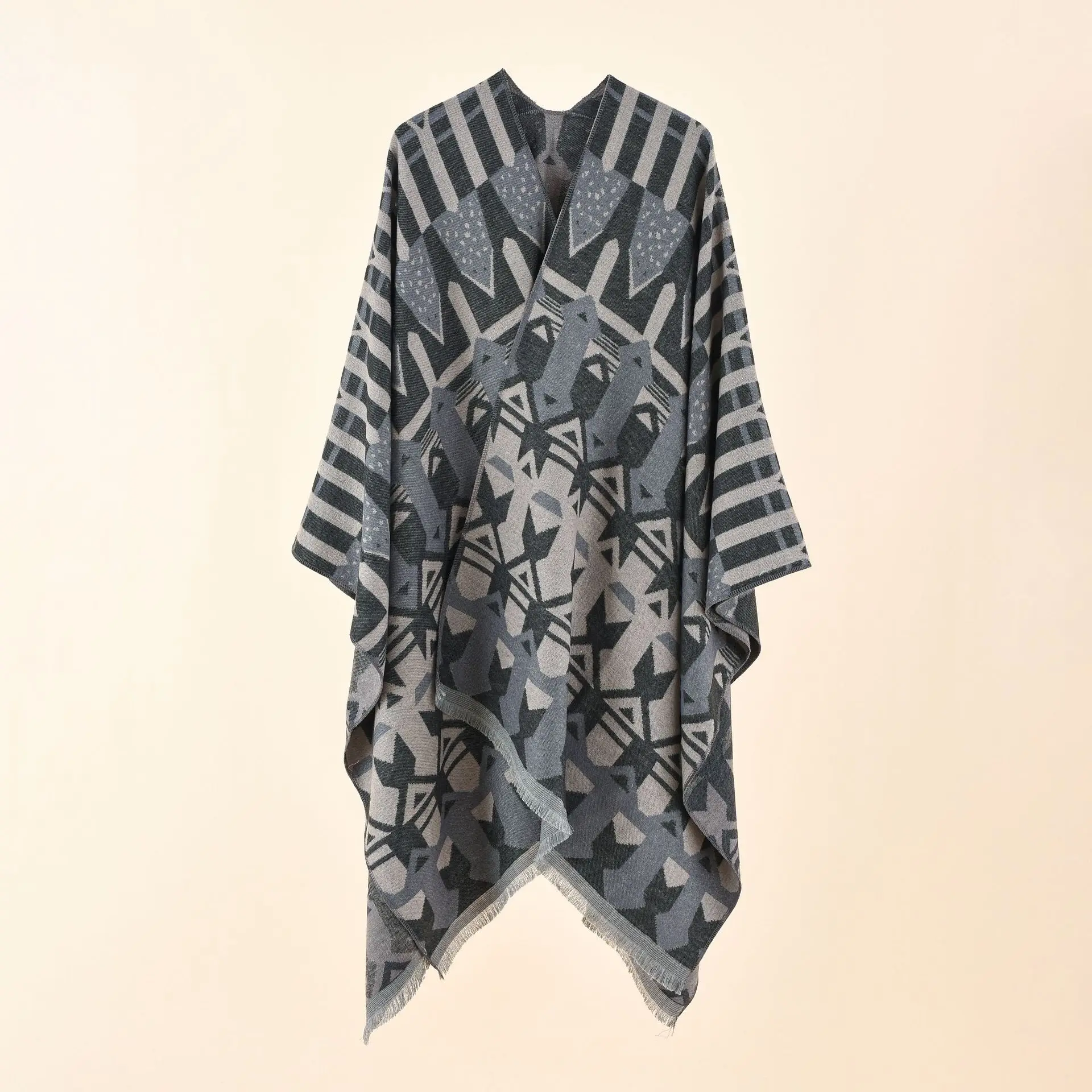 

2022 Autumn Winter New Street Geometric Pattern Imitation Cashmere Tassels Warm Lady Shawl Women Cloak Poncho Capes Coat Gray
