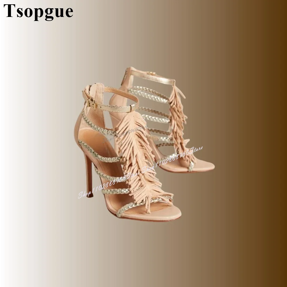 T-Strap Mixed Color Short Tassels Decor Sandals Thin High Heel Women Shoes Back Zipper Open Toe 2024 Fashion Zapatos Para Mujere