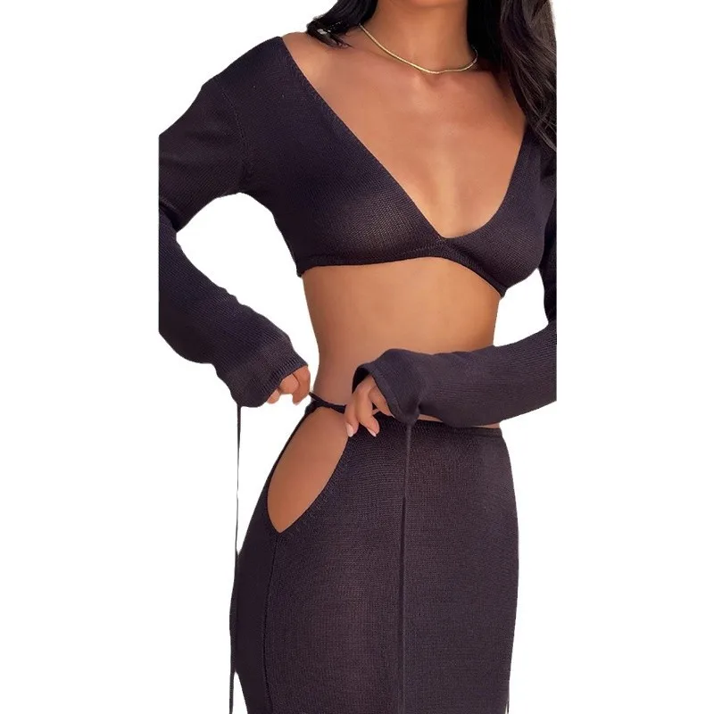 فستان شاطئ جديد لعام 2024 بأسلوب أوروبي وأمريكي، بيكيني محبوك مع ربطة وأكمام طويلة للحماية من الشمس