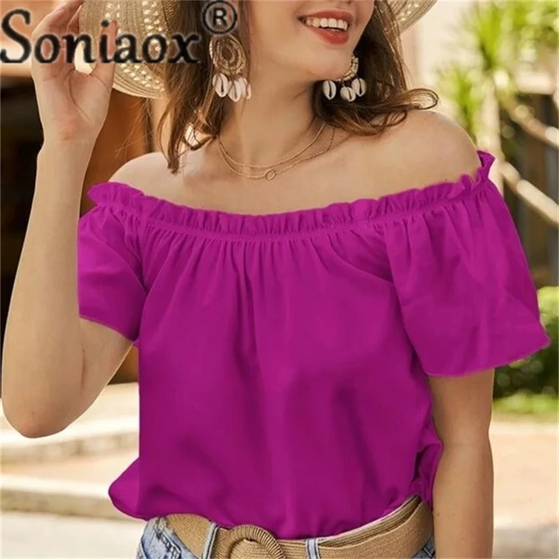 Elegant Draw Pleats One-line Collar Shirt Female Sweet Style Off The Shoulder Ruffle Short Sleeve Top Summer Casual Loose Blouse