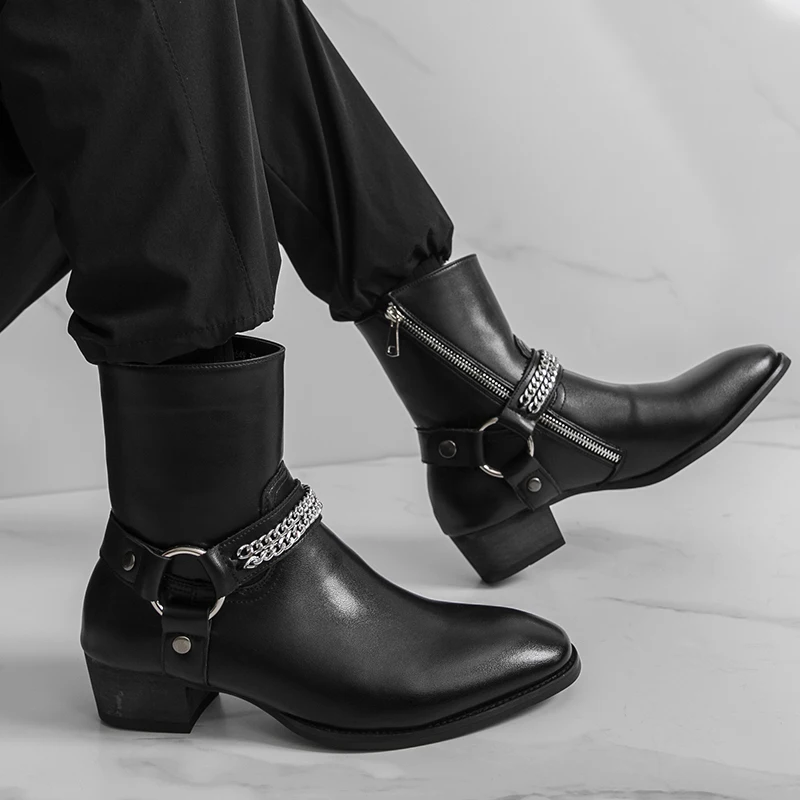 

Осенние новые мужские удобные ковбойские уличные ботинки в стиле вестерн с острым носком, модные брендовые мужские дышащие высокие ботинки с боковой молнией