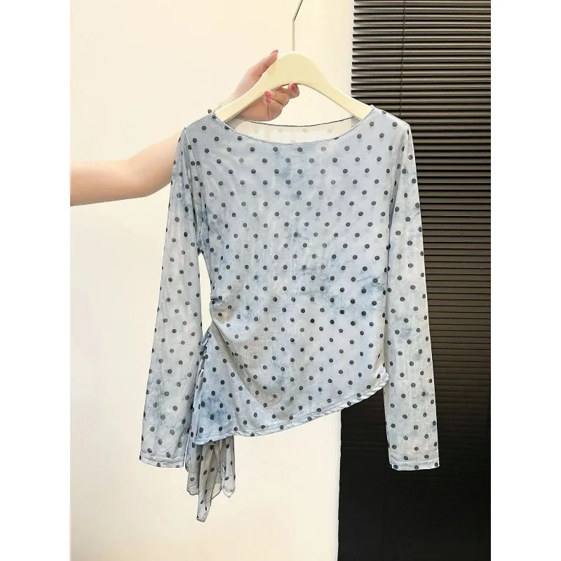 Roupas femininas estampa de bolinhas manchadas manga comprida malha de camada dupla top início do outono camiseta de emenda irregular