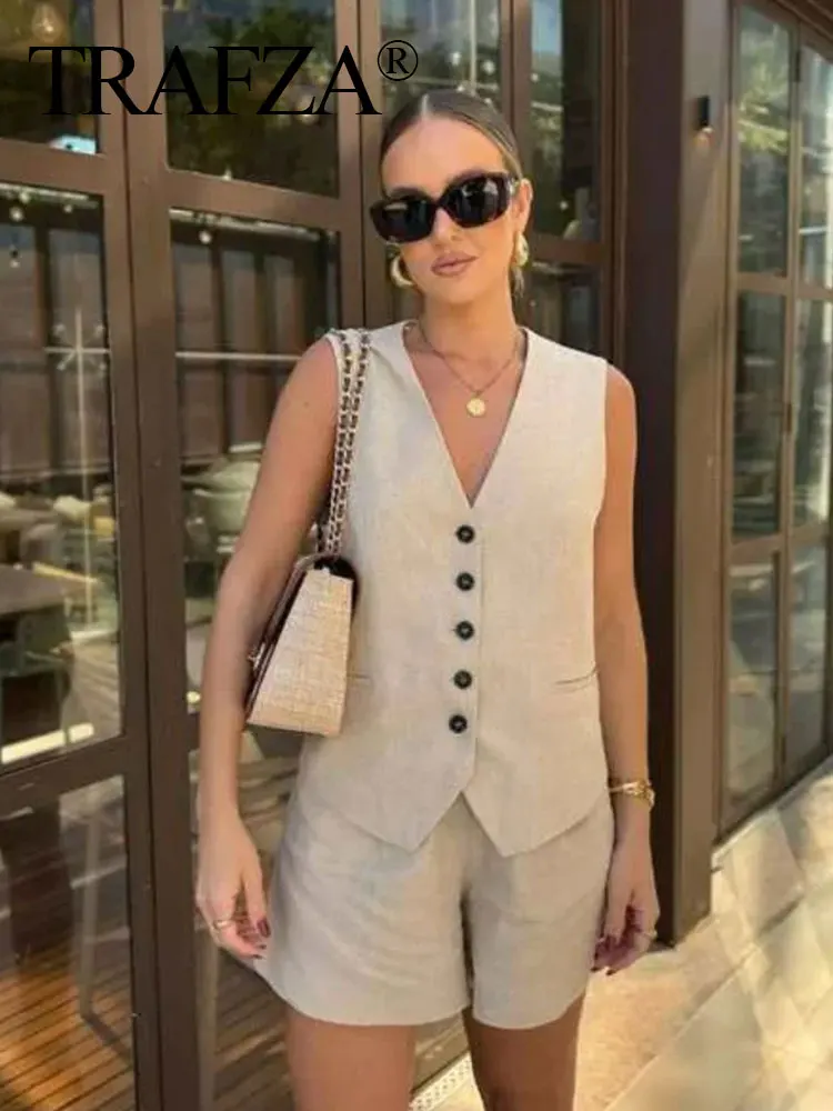 TRAFZA Summer Women Casual Vest Shorts Suit Solid Sleeveless V Neck Waistcoat Tops Slim Zipper Fly Shorts 2024 Office Lady Sets