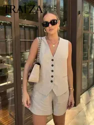 TRAFZA Summer Women Casual Vest Shorts Suit Solid Sleeveless V Neck Waistcoat Tops Slim Zipper Fly Shorts 2024 Office Lady Sets