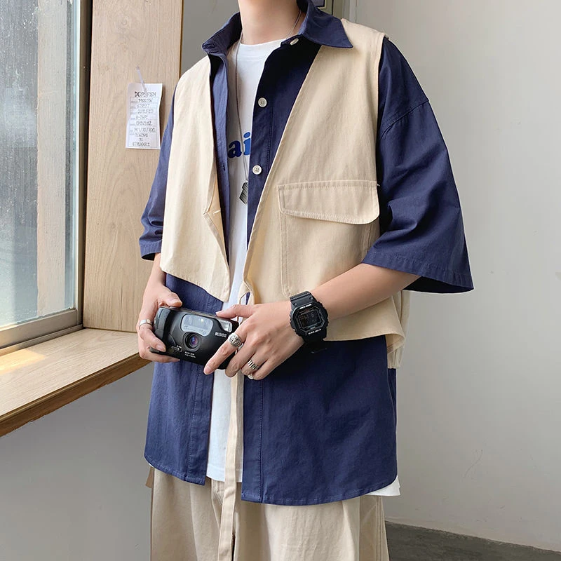 

Fake Two Piece Patchwork Pockets Japanese Style Tooling Short Sleeve Shirt Men Oversized Blouse Summer Casual Cardigan New 2023