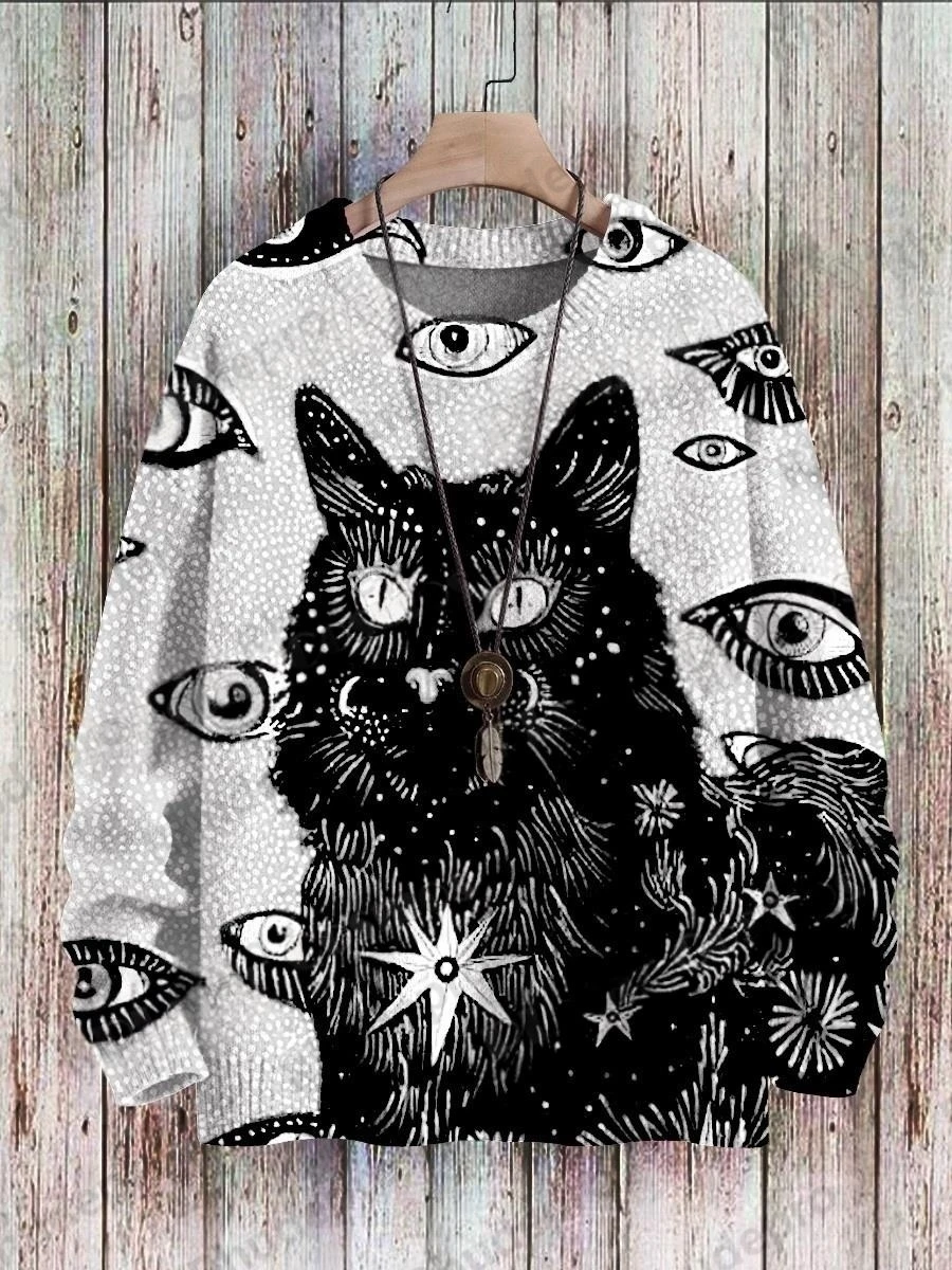 3D Printed Abstract Art Cat Multicolor Cute Cat Pattern Knitted Pullover Sweater Men's Winter Unisex Casual Knitwear