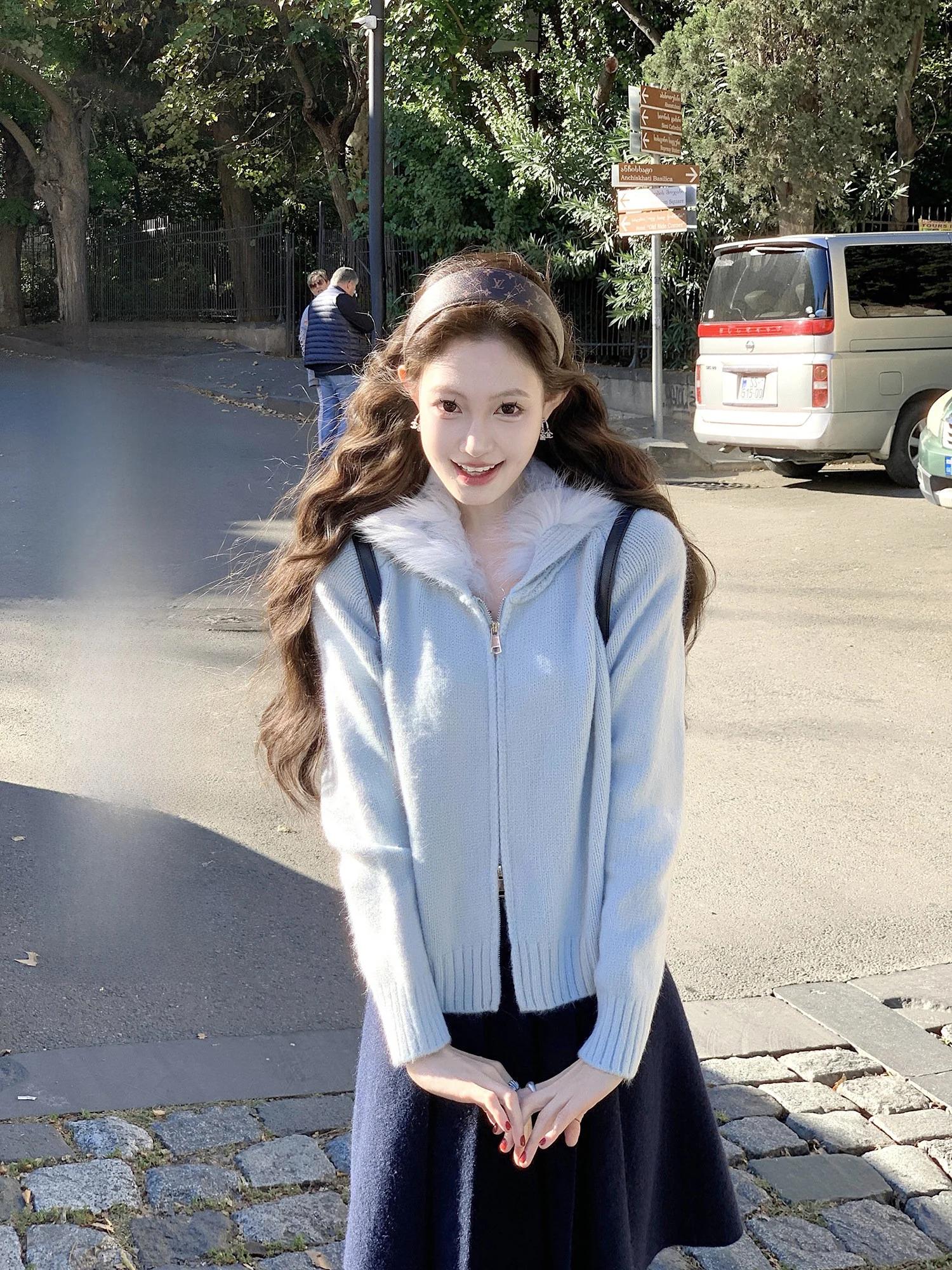 

een Le Ice Island Sweet Dr Knitted Sweater Zipper ort Outerwear Navy Collar Real Fur Casual Sle Long Sve