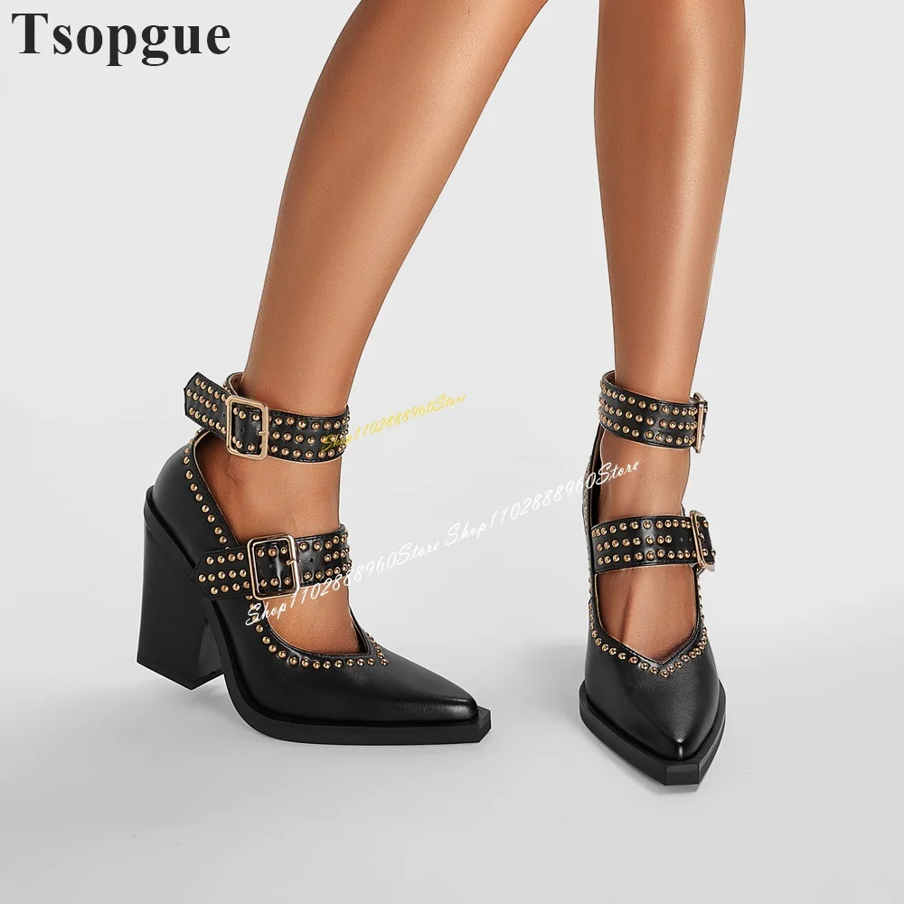 Black Buckle Strap Rivet Decor Pumps Thick Heel Shoes For Women Ankle Buckle Strap Pointed Toe 2024 Fashion Zapatos Para Mujere