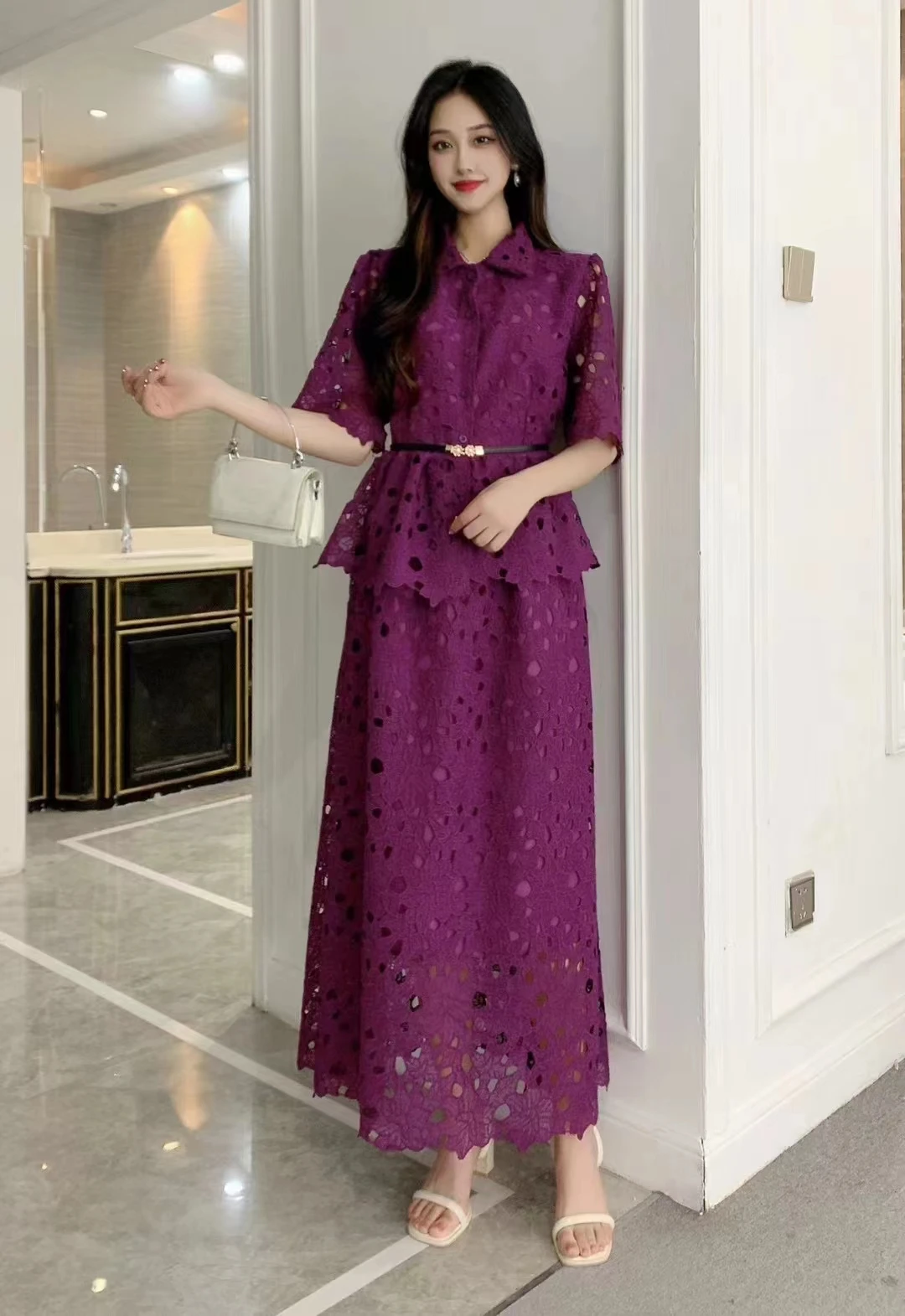 New Summer Women Elegant Hook Flower Hollow Lace Skirt Suits Turn-down Collar Half Sleeve Shirt And Long Skirt Two Piece Set