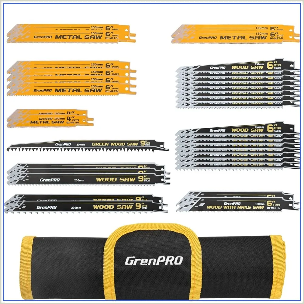 

34Pcs Reciprocating Saw Blade Set with Organizer Pouch, Metal & Wood Sawzall Blades for Most Power Tools
