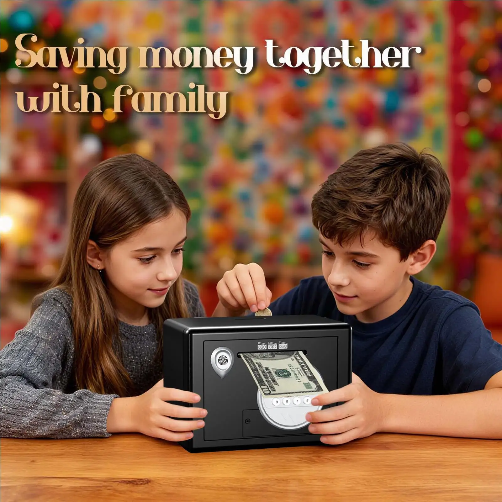 Banco de moedas para crianças fingir jogar ornamento bloqueio senha banco poupança dinheiro para sala estar dormitório quarto sala estudo estante