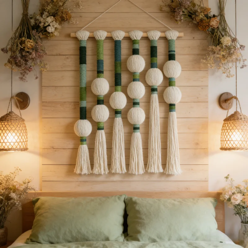 Modern Green Striped Macrame Wall Art Handmade Woven Tapestry with Ball Tassels Boho Chic Wall Decor for Apartment