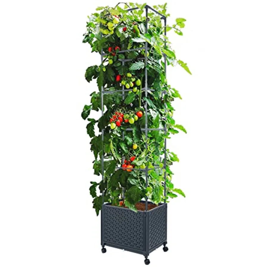 Outdoor Raised Garden Bed Planter Box With Trellis For Climbing Plants, Cedar Wood, Natural Color, Self-Watering System