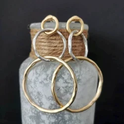 Ethnic Matte Gold And Silver Plated Dangle Statement Stud Earrings, Boho Hammered Abstract Earrings, Bohemian Jewelry