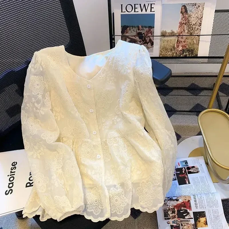 

French Sweet Long Sleeve Shirts Women Autumn Chic Aesthetic Lace Kawaii Feminine Stylish V-neck Shirt Retro Designer Classy Tops