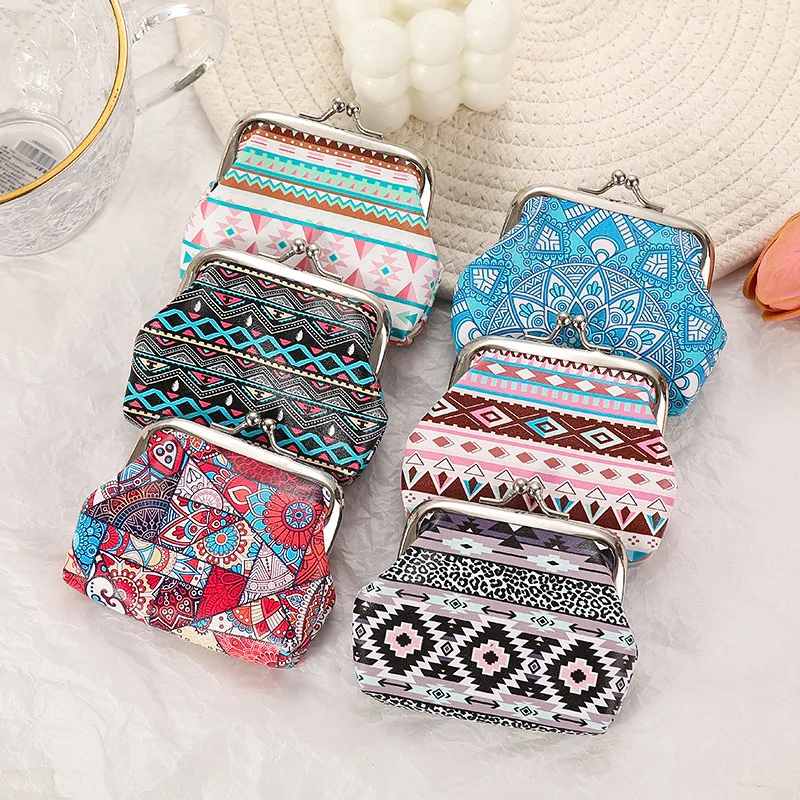 12 piezas, Monedero de cuero PU de estilo bohemio para mujer, geométrico, pequeño, para cambio de dinero, llavero, Mini bolsa