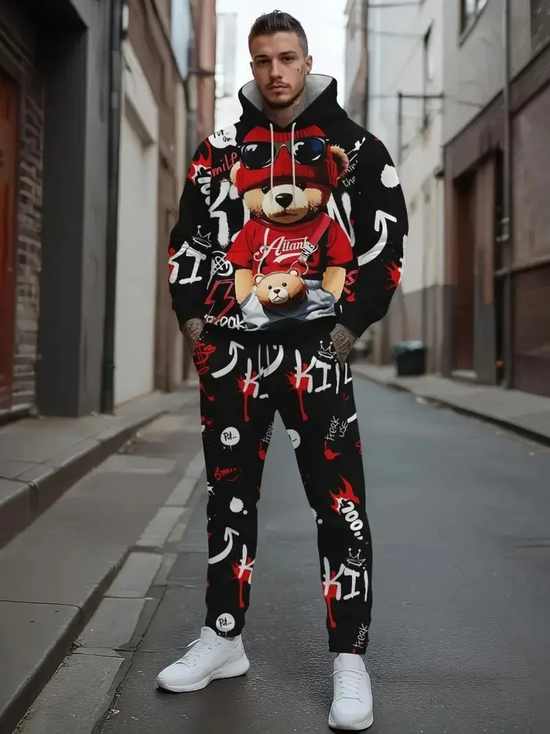 

Men's 2026 Spring Autumn Bear Pattern Hoodie Set, Soft Skin-Friendly, Casual Fashionable Best-Selling Outfit for Daily Wear